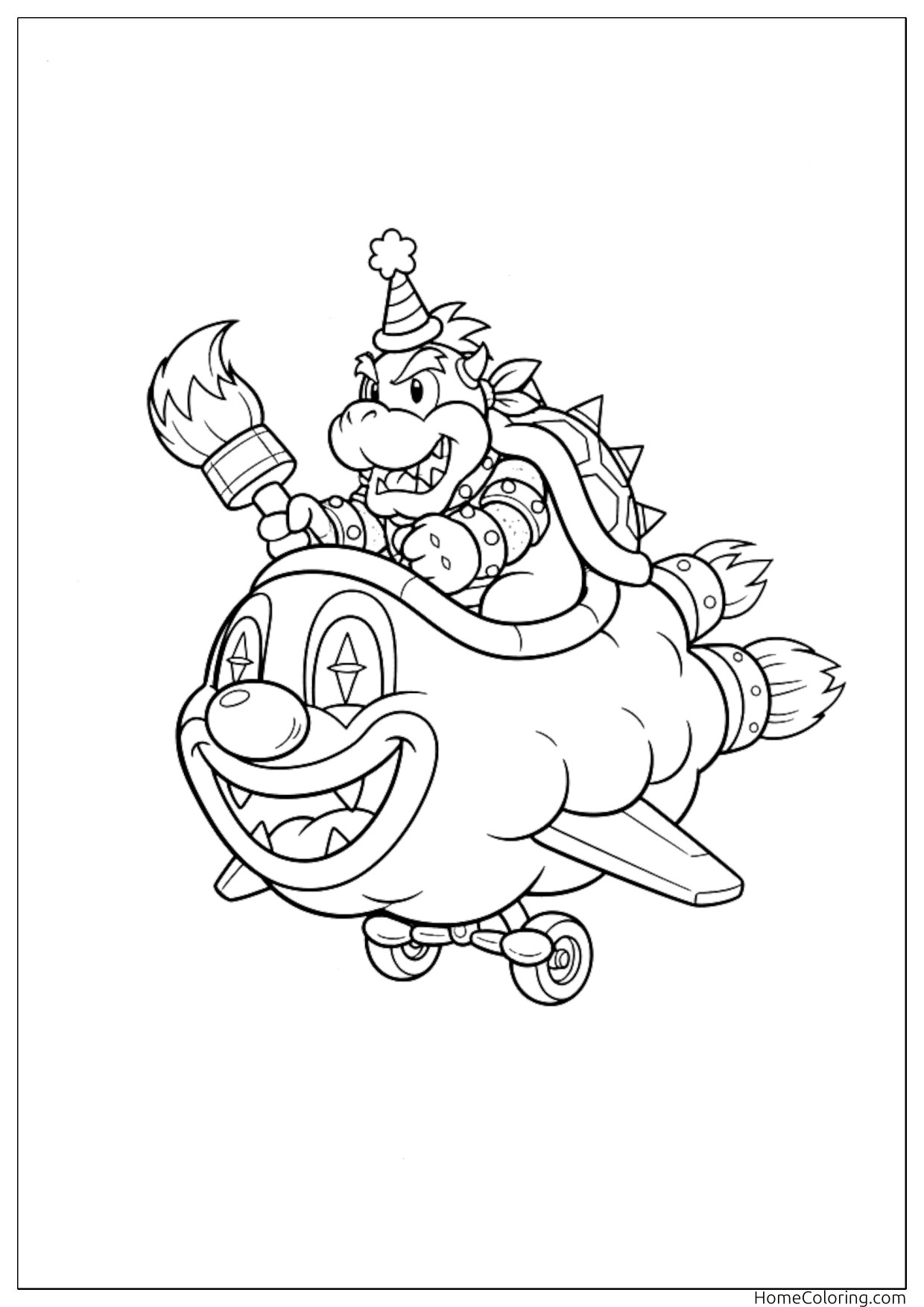 Coloring page: Bowser riding his flying clown car with a propeller and a party hat.