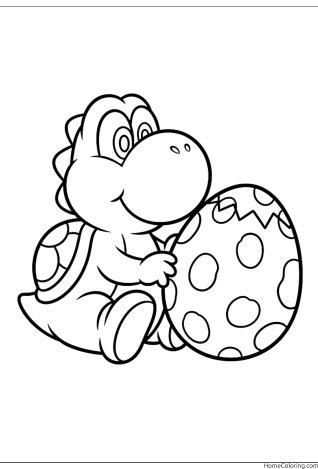 Coloring page: Baby Yoshi standing next to a big spotted egg.