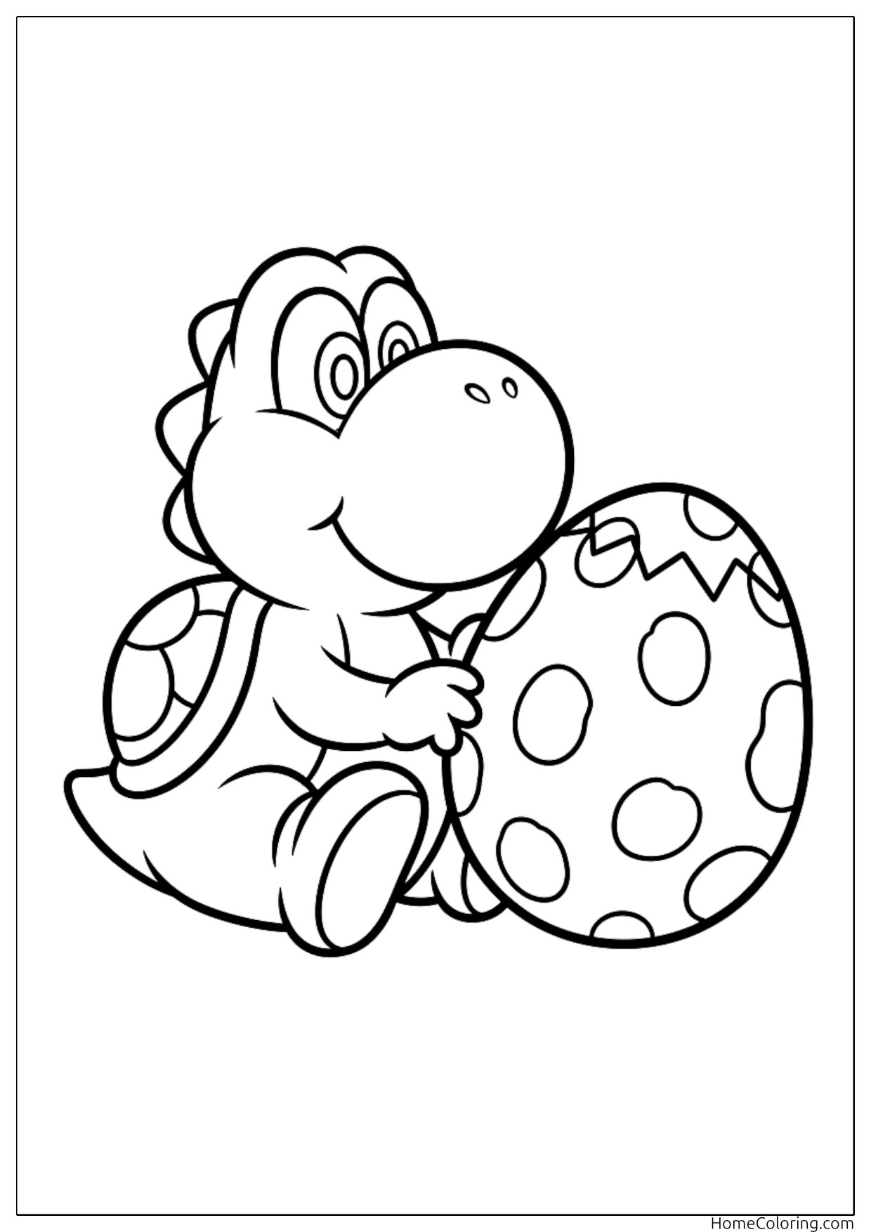 Coloring page: Baby Yoshi standing next to a big spotted egg.