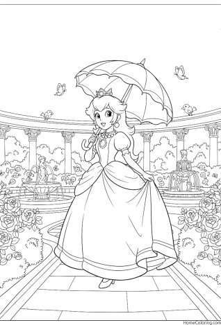 Coloring page: Princess Peach strolling with an umbrella through a castle garden.