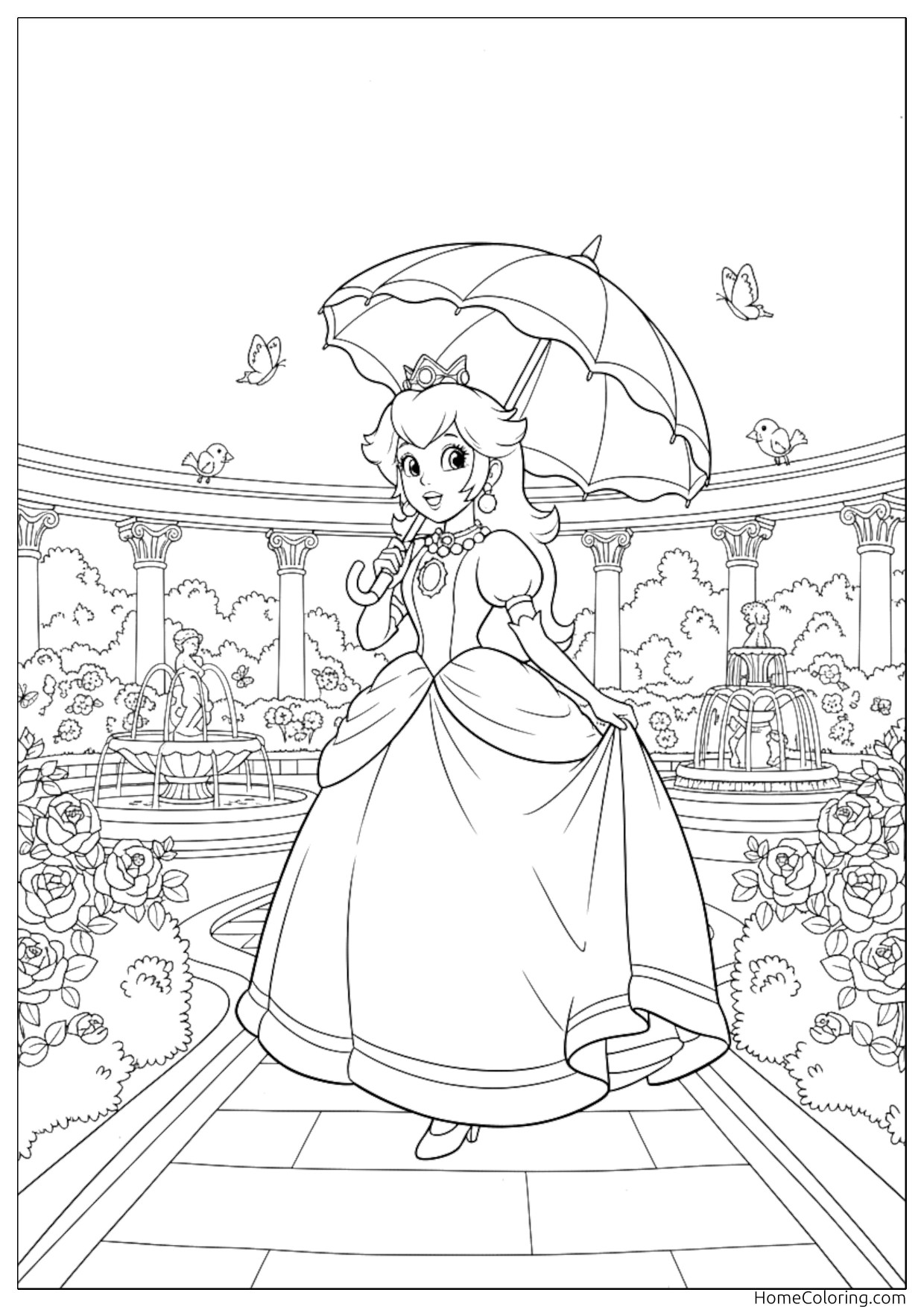 Coloring page: Princess Peach strolling with an umbrella through a castle garden.