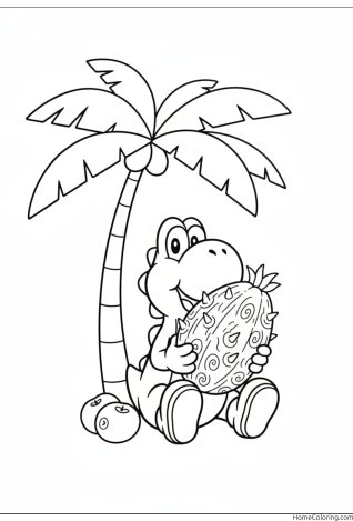 Coloring page: Yoshi sitting under a palm tree hugging a spotted egg.