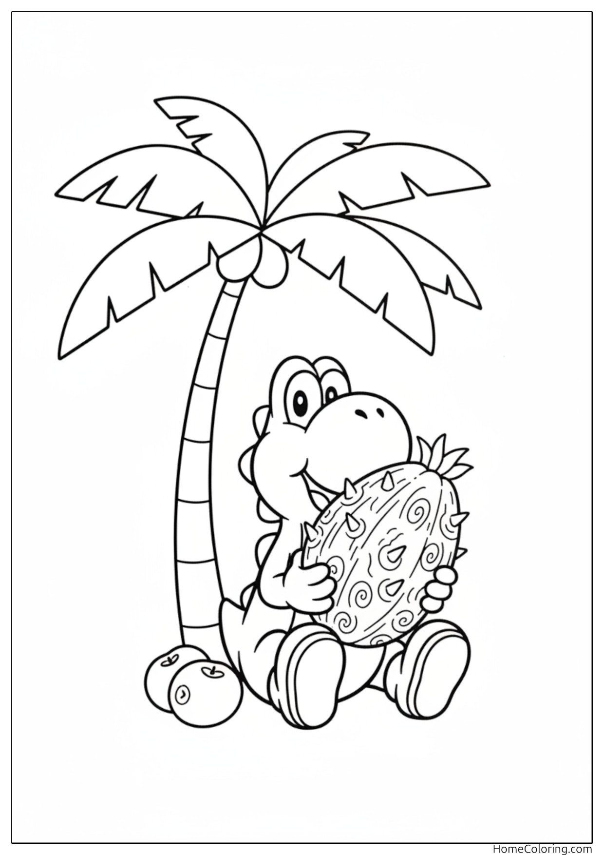 Coloring page: Yoshi sitting under a palm tree hugging a spotted egg.