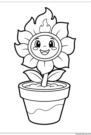Coloring page: The smiling Fire Flower power-up in a flower pot.