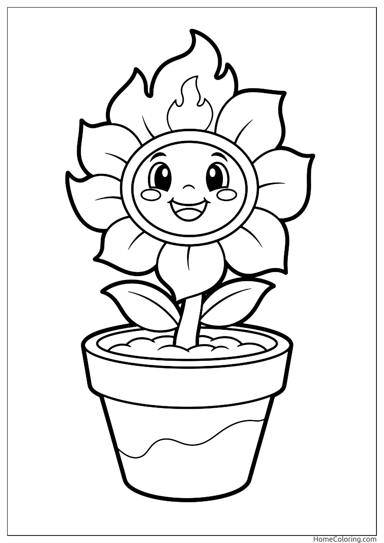 Coloring page: The smiling Fire Flower power-up in a flower pot.