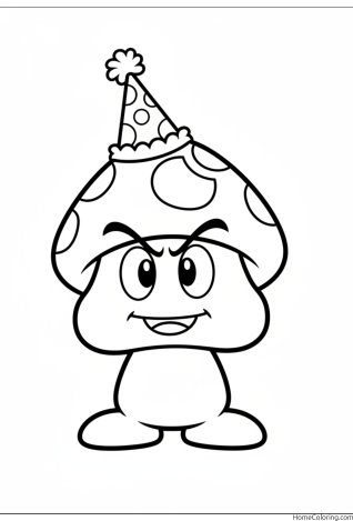 Coloring page: A Goomba with a party hat, big eyes and little feet.