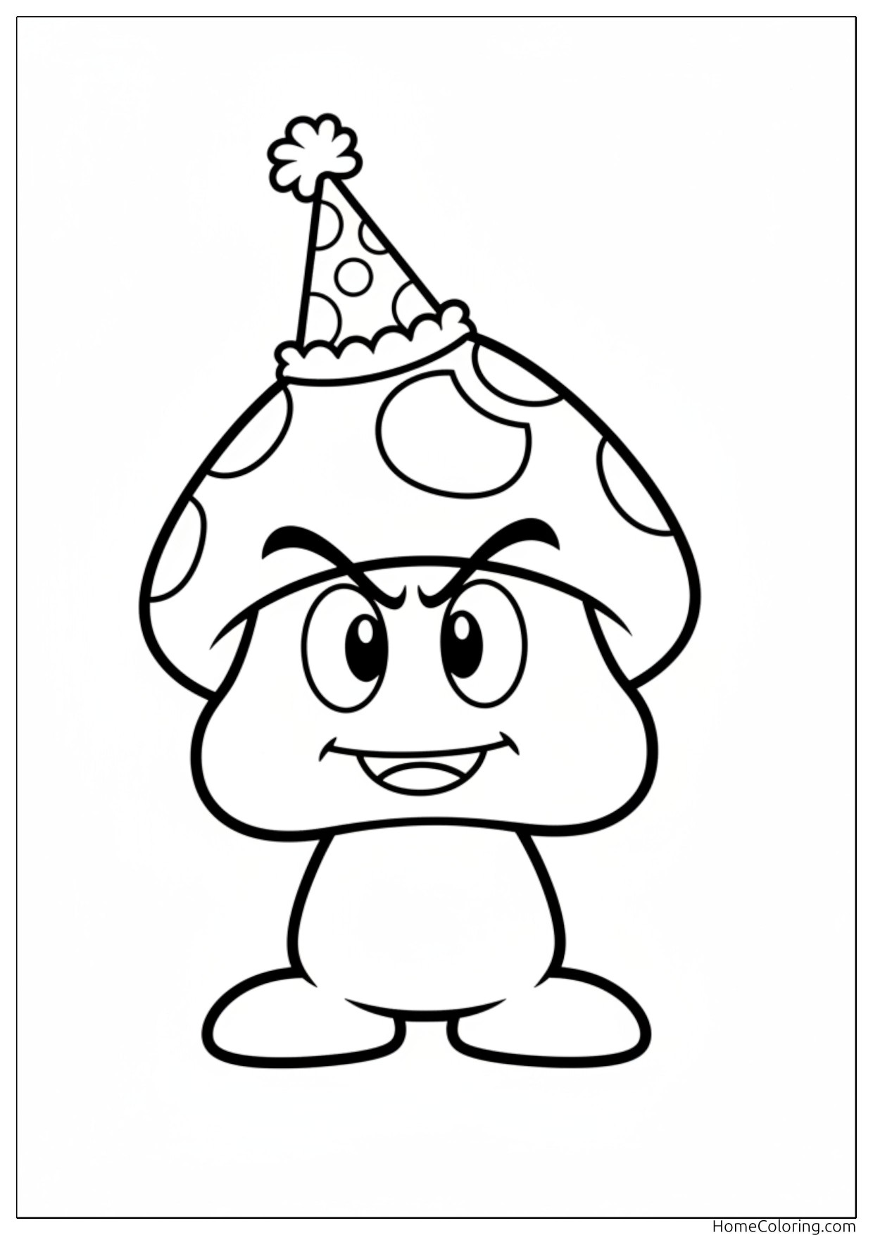 Coloring page: A Goomba with a party hat, big eyes and little feet.