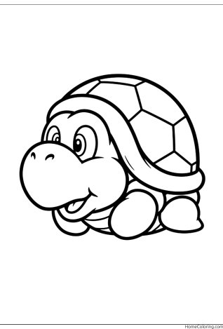 Coloring page: A Koopa Troopa turtle with a hexagon shell and a friendly look.
