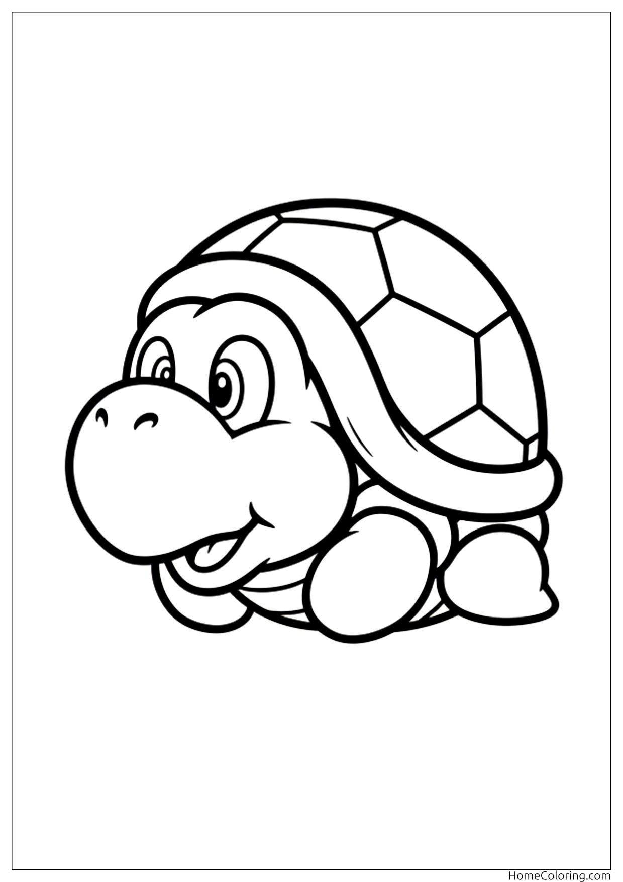 Coloring page: A Koopa Troopa turtle with a hexagon shell and a friendly look.