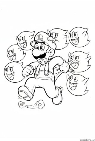 Coloring page: Luigi running surrounded by laughing Boo ghosts.