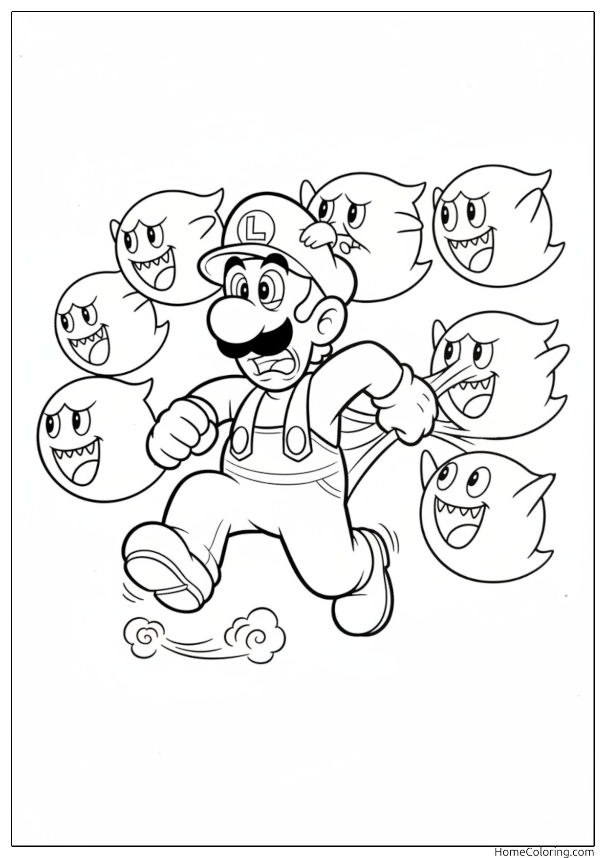 Coloring page: Luigi running surrounded by laughing Boo ghosts.