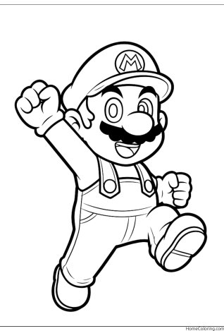 Coloring page: Mario running across the meadow with a raised fist.