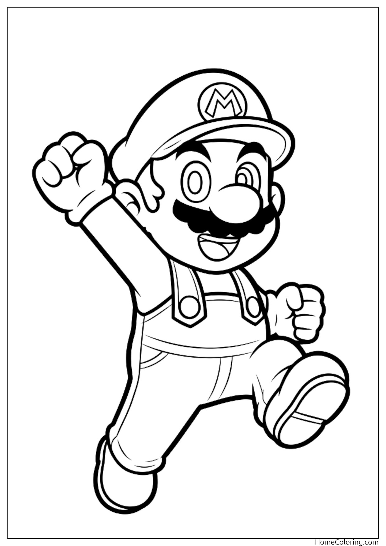 Coloring page: Mario running across the meadow with a raised fist.
