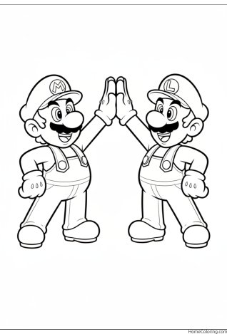 Coloring page: Mario and Luigi high-fiving with raised hands.
