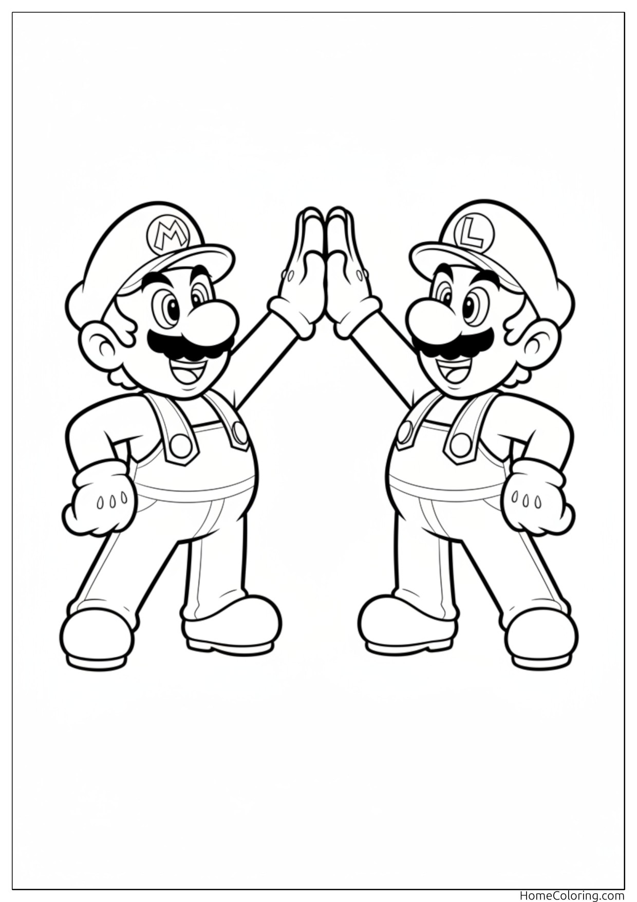 Coloring page: Mario and Luigi high-fiving with raised hands.