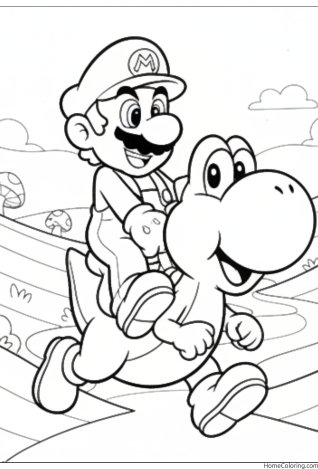 Coloring page: Mario riding his friend Yoshi across a meadow.