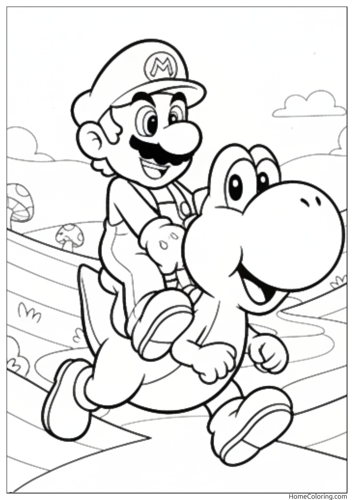 Coloring page: Mario riding his friend Yoshi across a meadow.