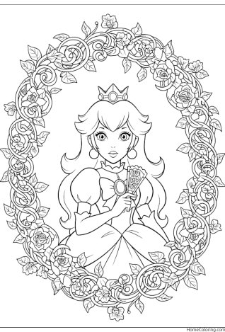 Coloring page: Princess Peach framed by a lush wreath of roses.