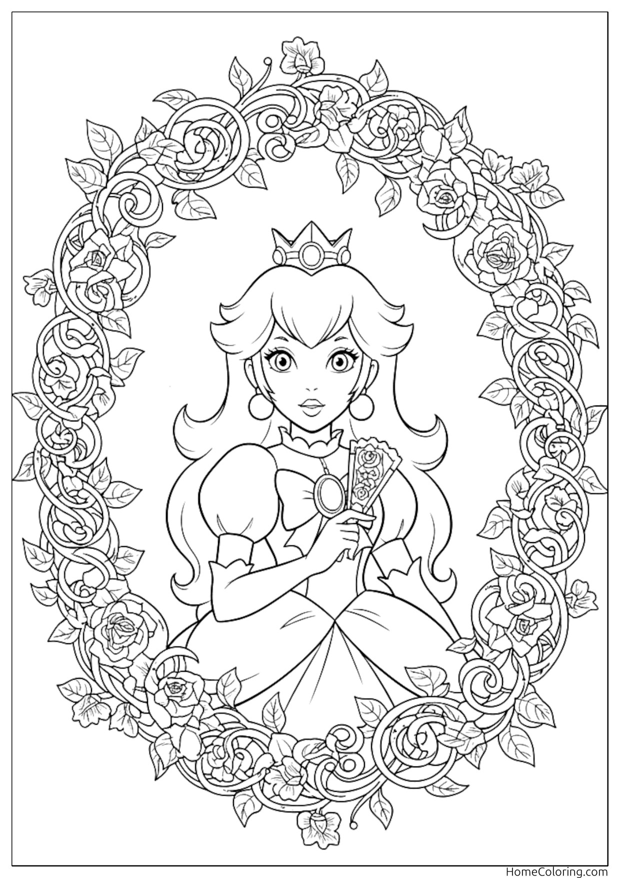 Coloring page: Princess Peach framed by a lush wreath of roses.