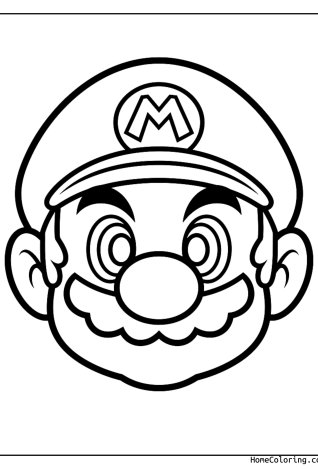Coloring page: The big face of Super Mario with his red cap and the letter M.