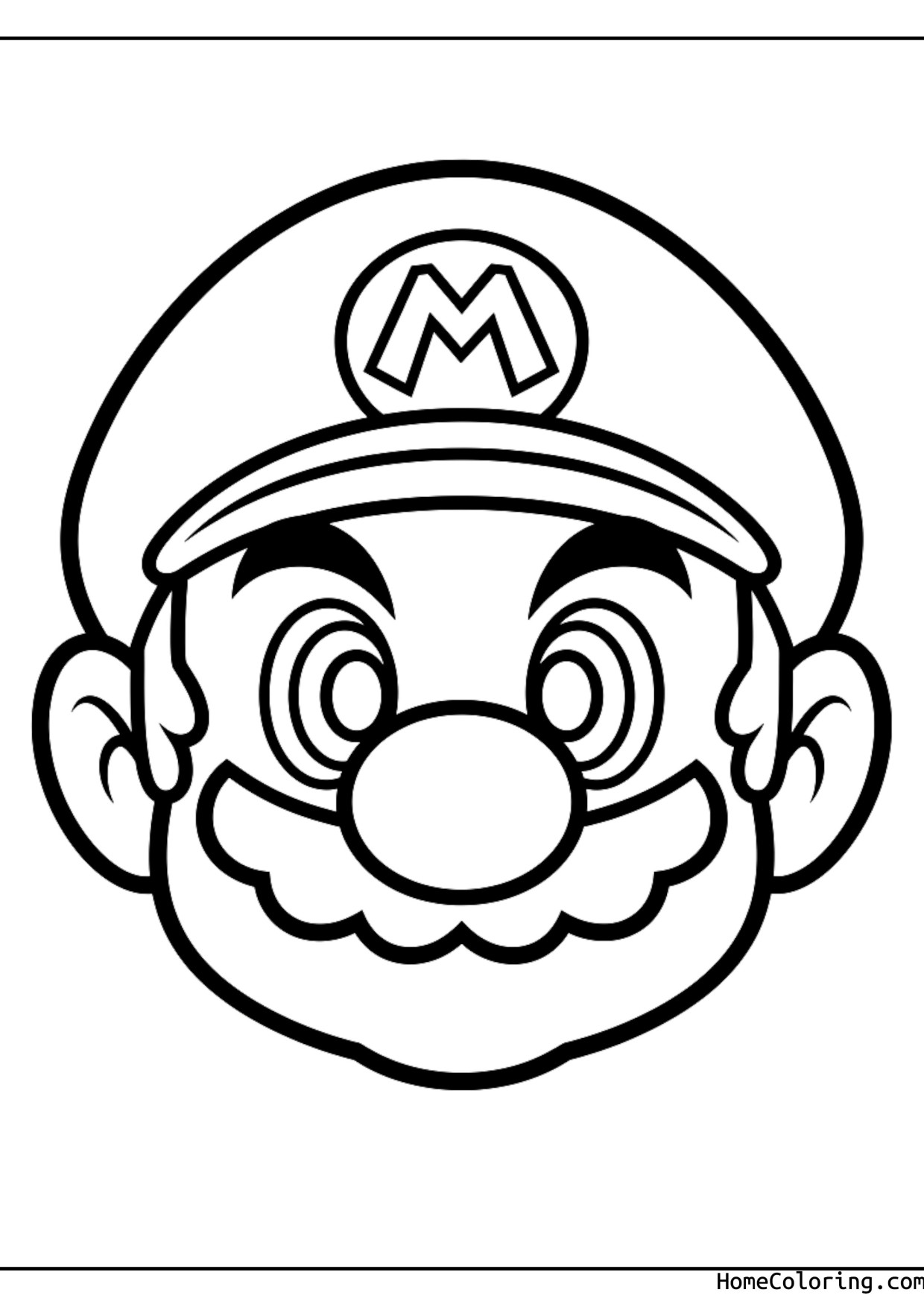 Coloring page: The big face of Super Mario with his red cap and the letter M.