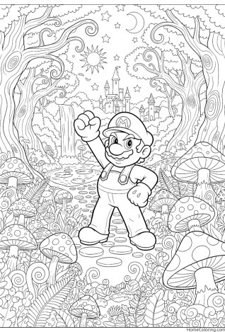 Coloring page: Mario in a very detailed mushroom forest full of patterns.