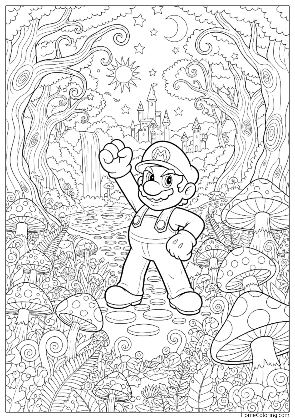 Coloring page: Mario in a very detailed mushroom forest full of patterns.