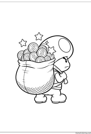 Coloring page: Toad carrying a heavy sack of coins next to a star.
