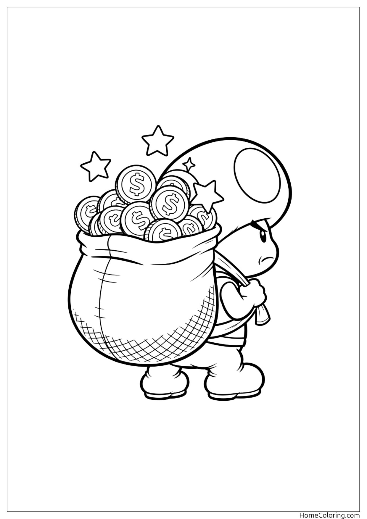 Coloring page: Toad carrying a heavy sack of coins next to a star.
