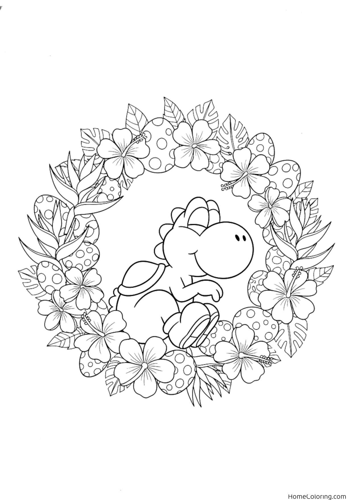 Coloring page: A Baby Yoshi surrounded by a round wreath of leaves and blossoms.