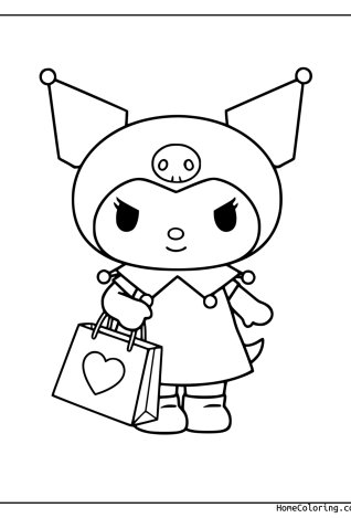 Coloring page: Kuromi carrying a shopping bag with a heart.