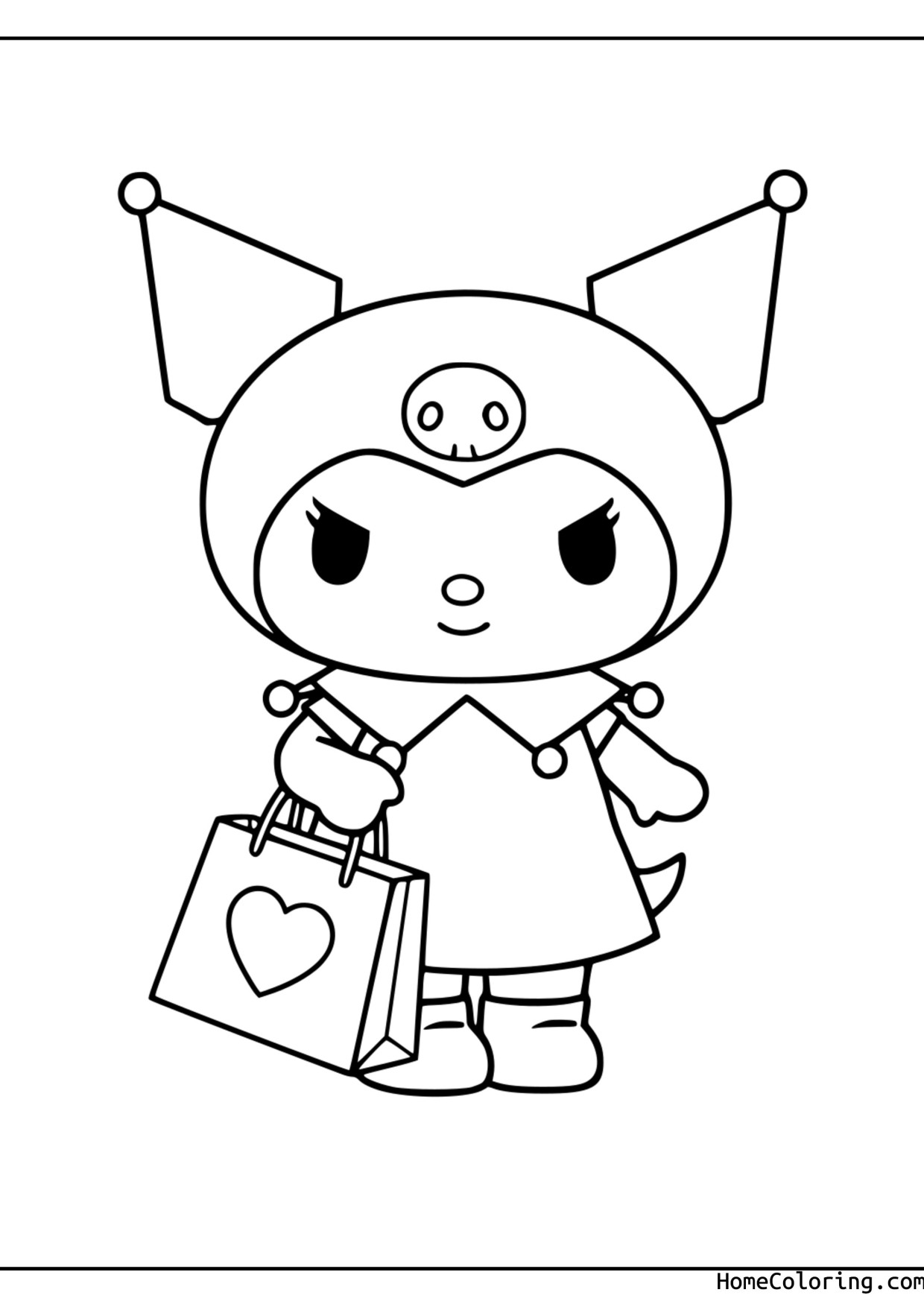 Coloring page: Kuromi carrying a shopping bag with a heart.