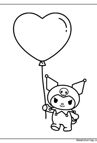 Coloring page: Kuromi holding a big heart-shaped balloon on a string.