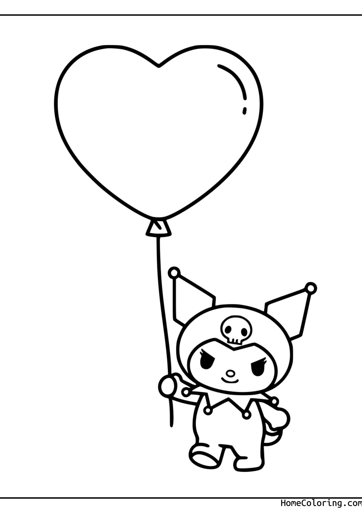 Coloring page: Kuromi holding a big heart-shaped balloon on a string.
