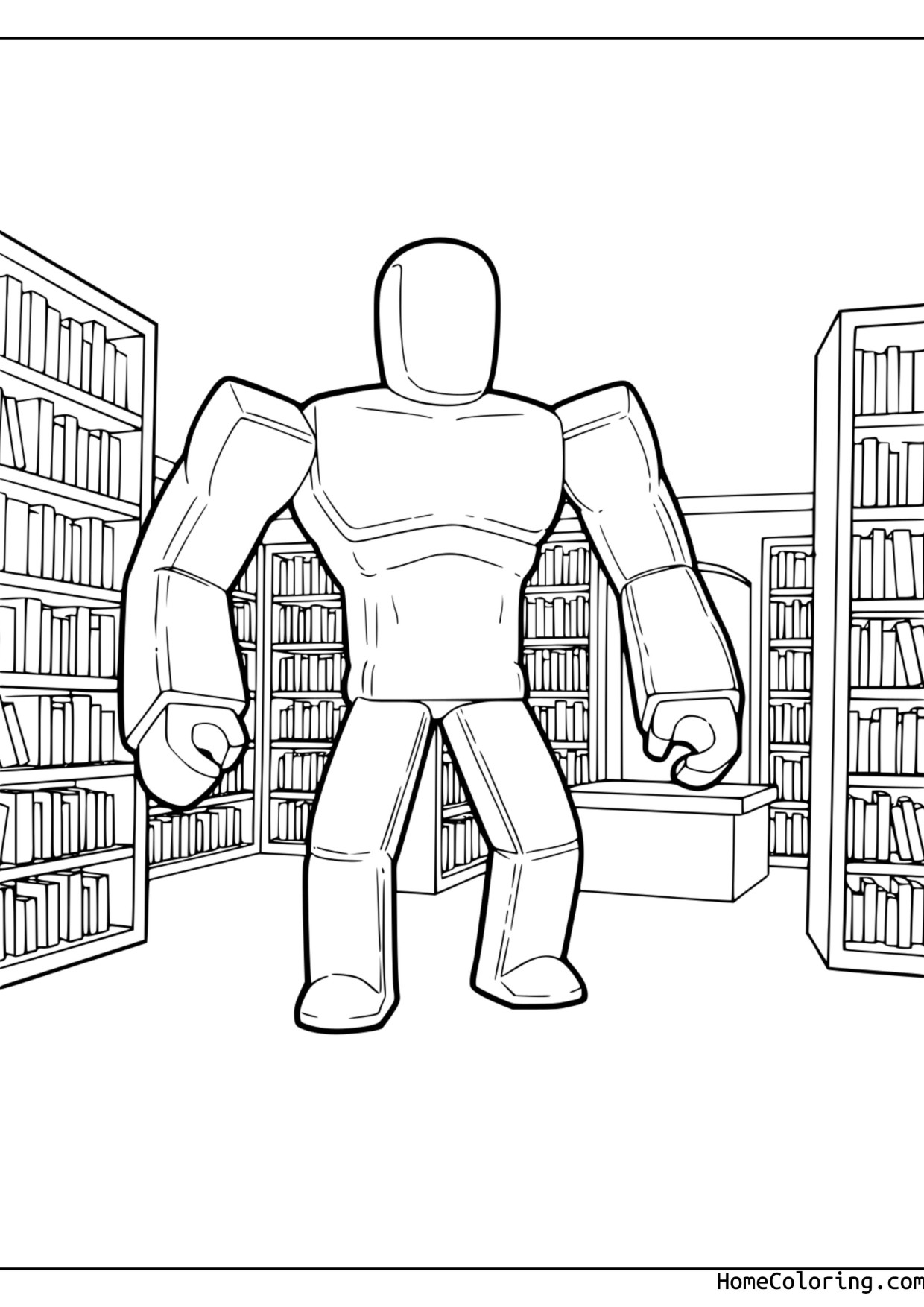 Coloring page: A Roblox character standing in the Doors library full of bookshelves.