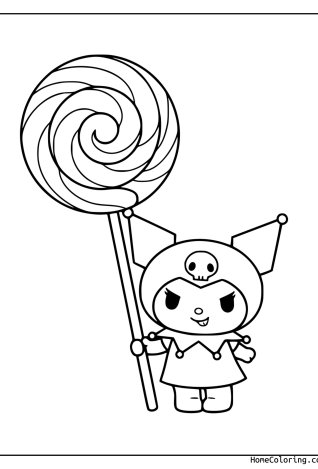 Coloring page: Kuromi holding a giant swirly lollipop on a stick.