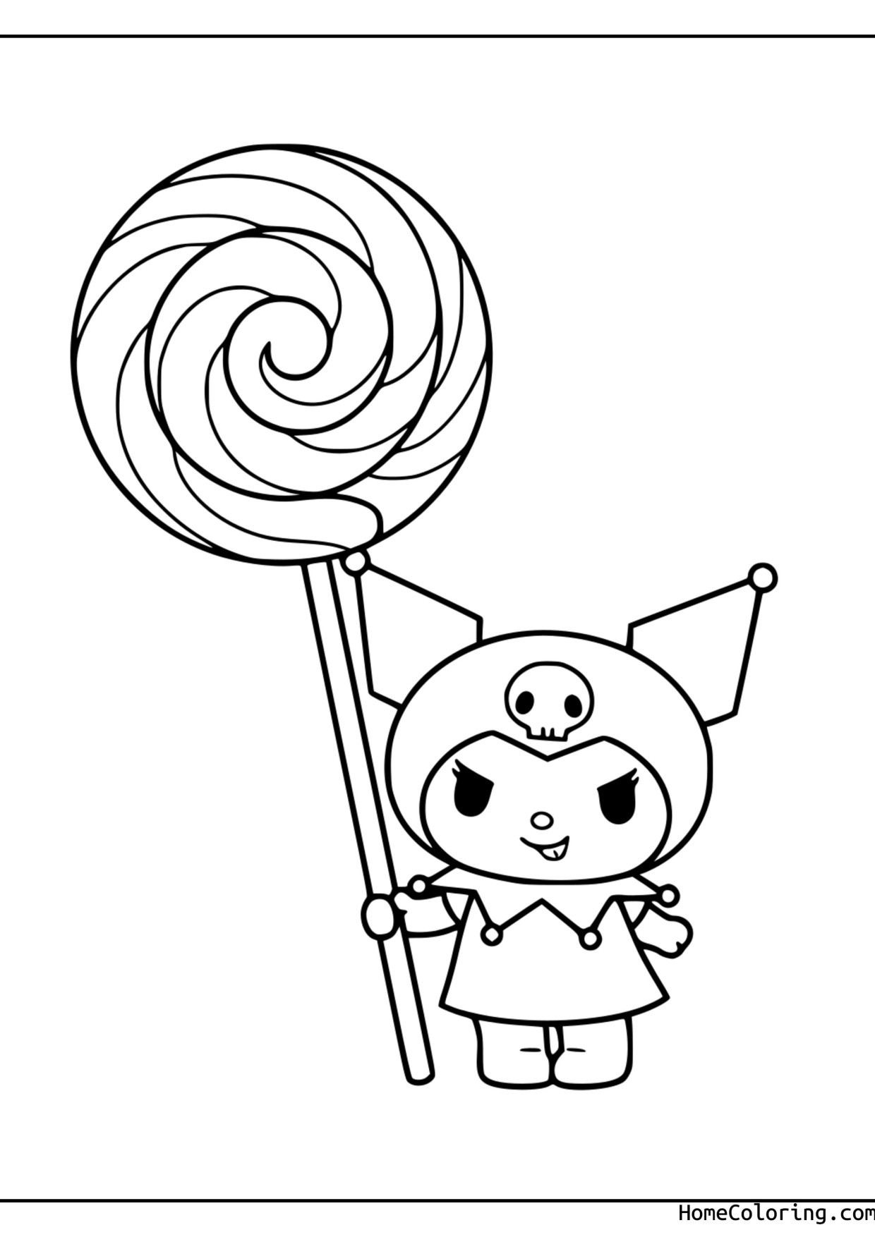 Coloring page: Kuromi holding a giant swirly lollipop on a stick.