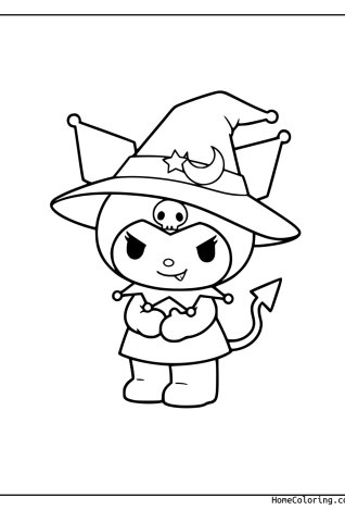 Coloring page: Kuromi in a witch hat with moon and star motifs.
