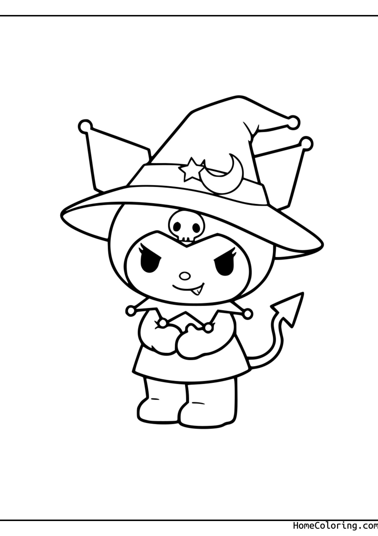 Coloring page: Kuromi in a witch hat with moon and star motifs.