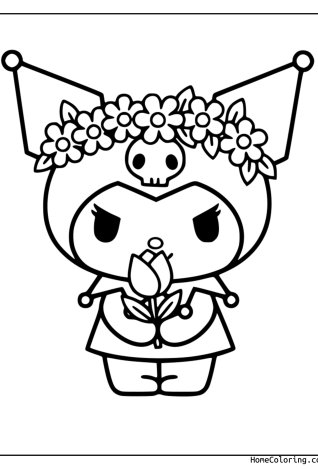 Coloring page: Kuromi with a flower crown on her ears holding a single rose.