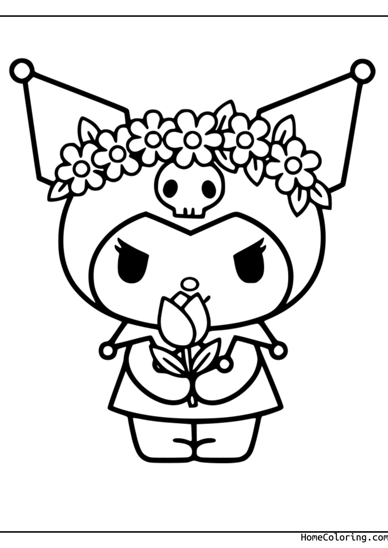 Coloring page: Kuromi with a flower crown on her ears holding a single rose.