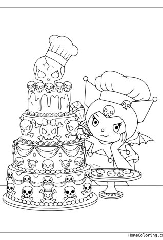 Coloring page: Kuromi as a baker with a chef hat next to a three-tier cake.