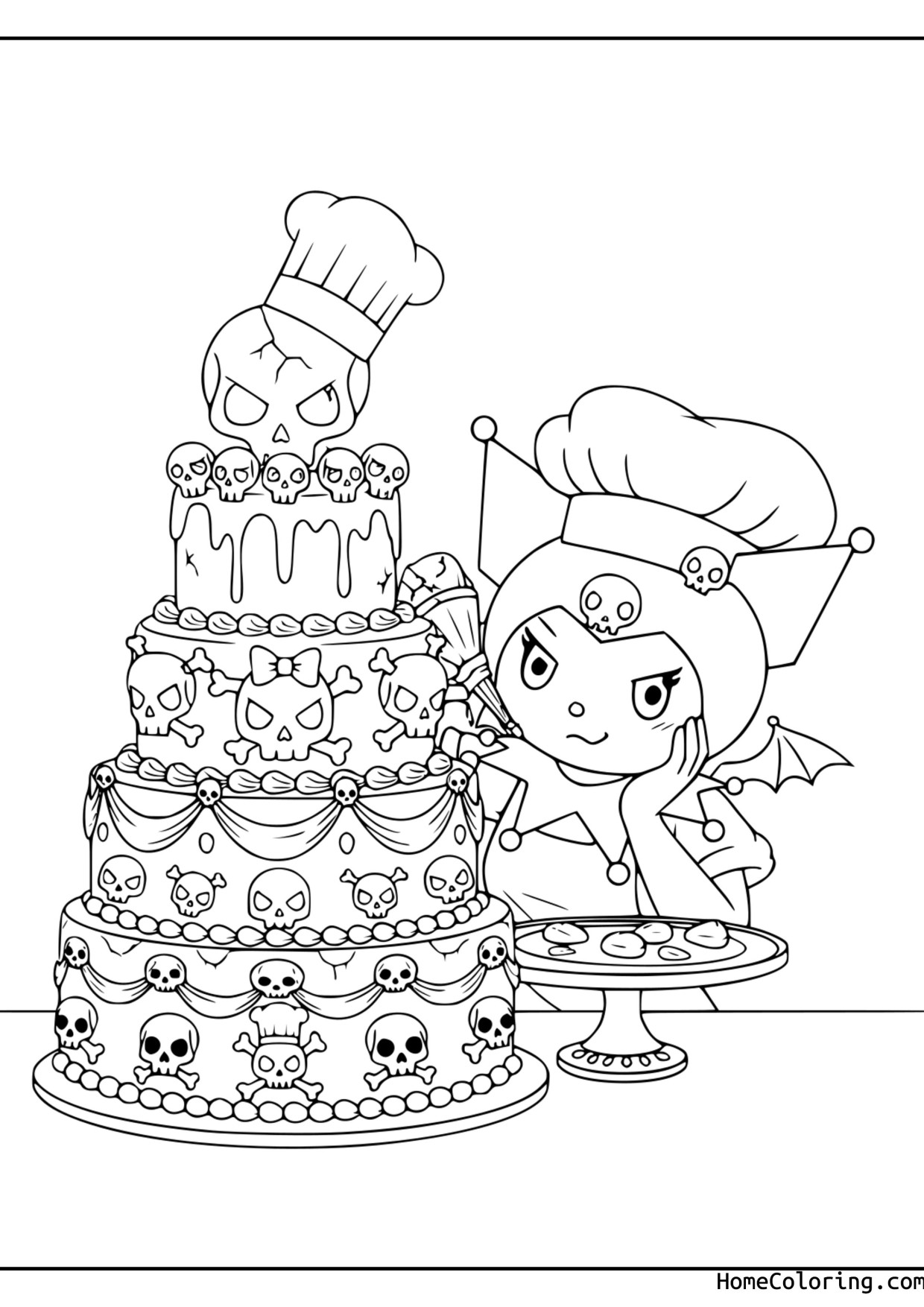 Coloring page: Kuromi as a baker with a chef hat next to a three-tier cake.