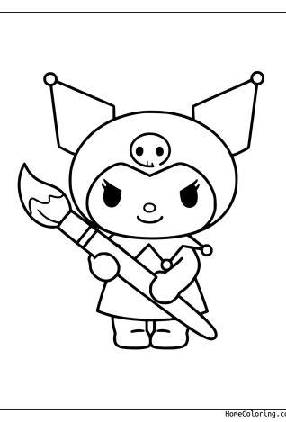Coloring page: Kuromi holding a big paintbrush over her shoulder.