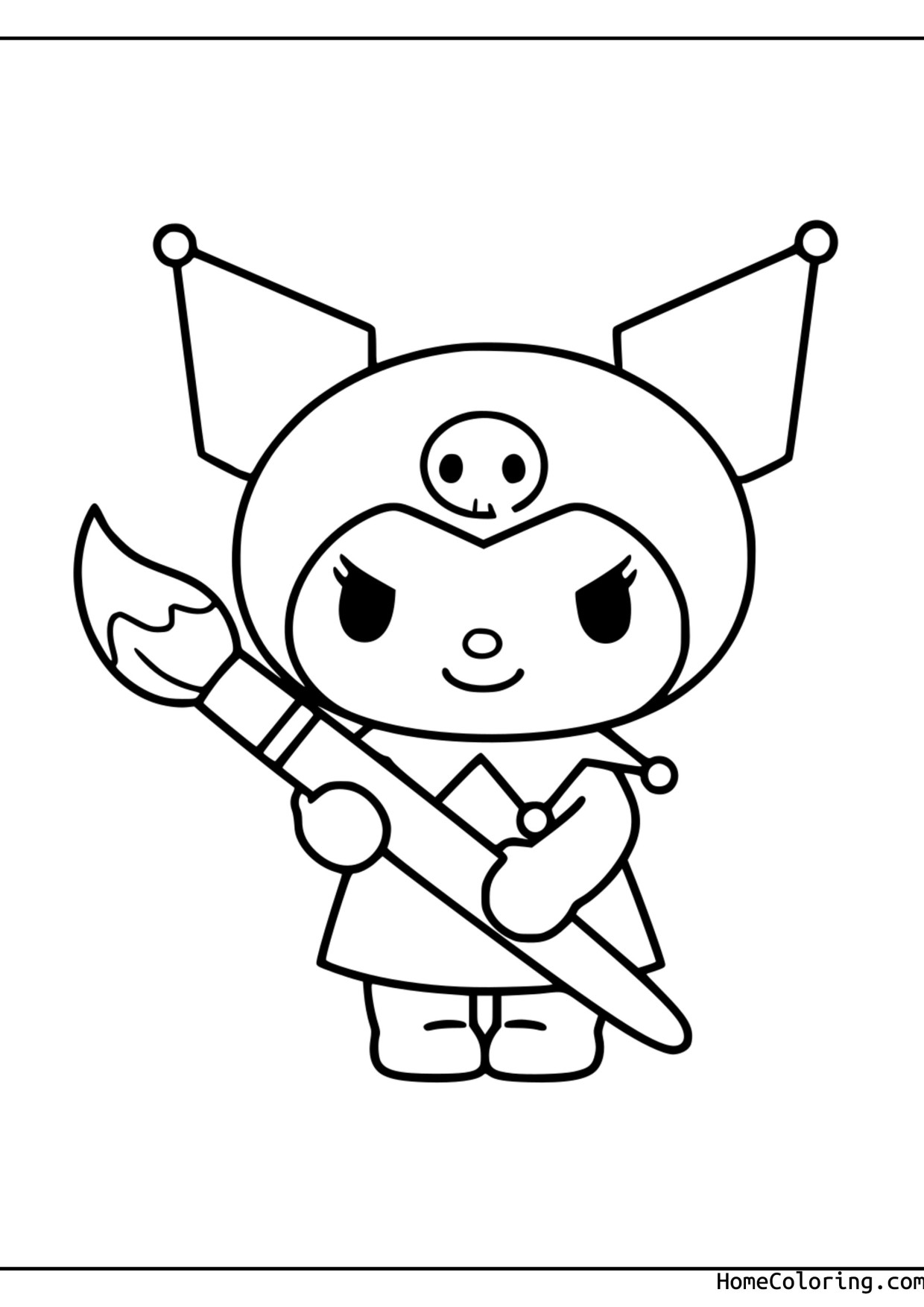 Coloring page: Kuromi holding a big paintbrush over her shoulder.