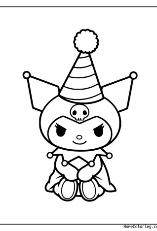 Coloring page: Kuromi wearing a party hat sitting happily on the floor.