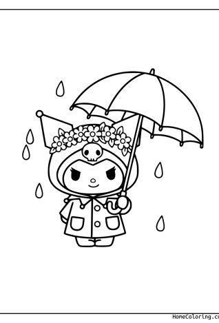 Coloring page: Kuromi in a raincoat walking under an umbrella in the rain.