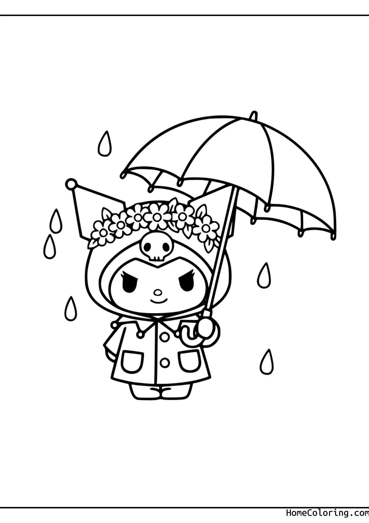 Coloring page: Kuromi in a raincoat walking under an umbrella in the rain.