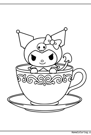 Coloring page: Kuromi sitting cozy in a big teacup with a saucer.