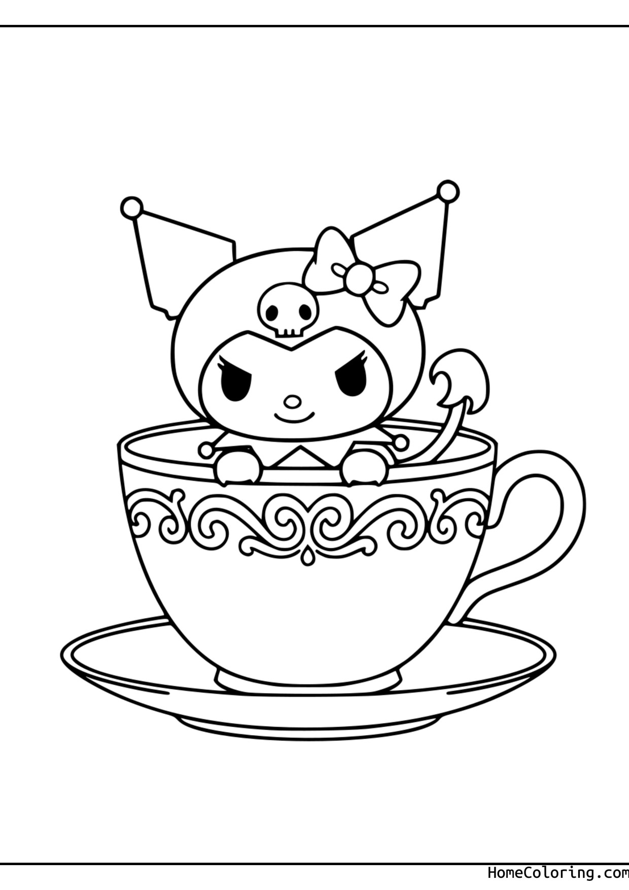 Coloring page: Kuromi sitting cozy in a big teacup with a saucer.
